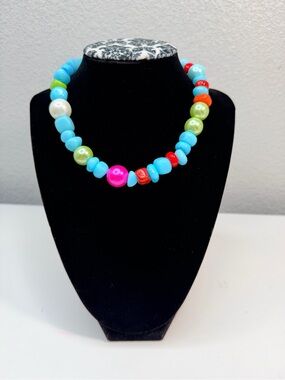 Colorful Chunky Bead Necklace in Turquoise, Pink & Lime Natural Stone